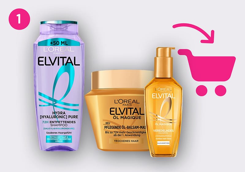 Drei L’Oréal Elvital Haarpflegeprodukte nebeneinander: links lila Shampoo-Flasche mit Aufschrift „HYDRA [HYALURONIC] PURE 72H ENTFETTENDES SHAMPOO“, Mitte goldene Dose „ÖL MAGIQUE PFLEGENDE ÖL-BALSAM-MASKE“, rechts goldene Pumpflasche „ELVITAL ÖL MAGIQUE VEREDELNDES HAARÖL“, rechts oben rosa Einkaufswagen-Symbol