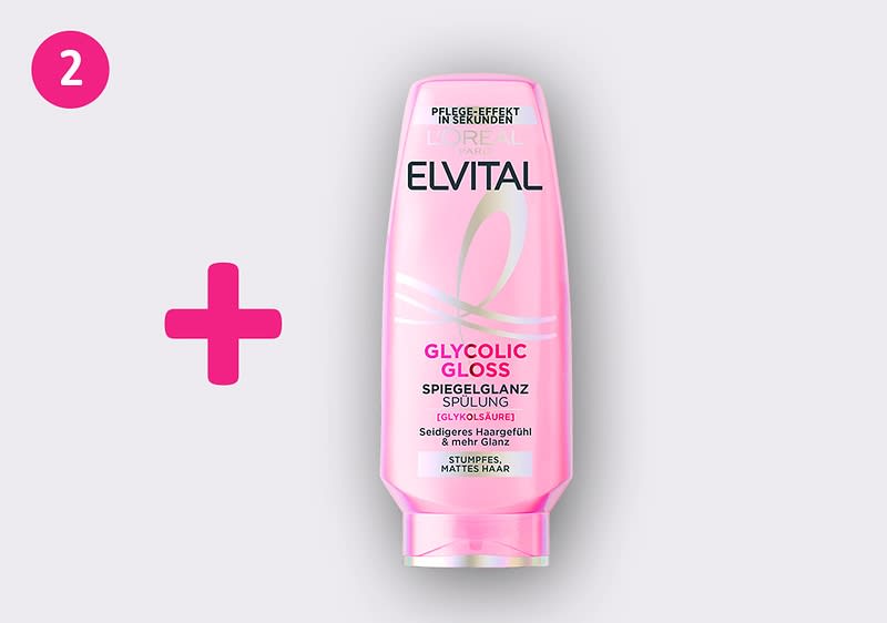 Rosafarbene Spülflasche L’Oréal Elvital „Glycolic Gloss Spiegelglanz Spülung“ mit Schriftzug und silbernem Band auf hellgrauem Hintergrund, links ein pinkes Pluszeichen und oben links eine pinke Kreismarke mit Zahl 2