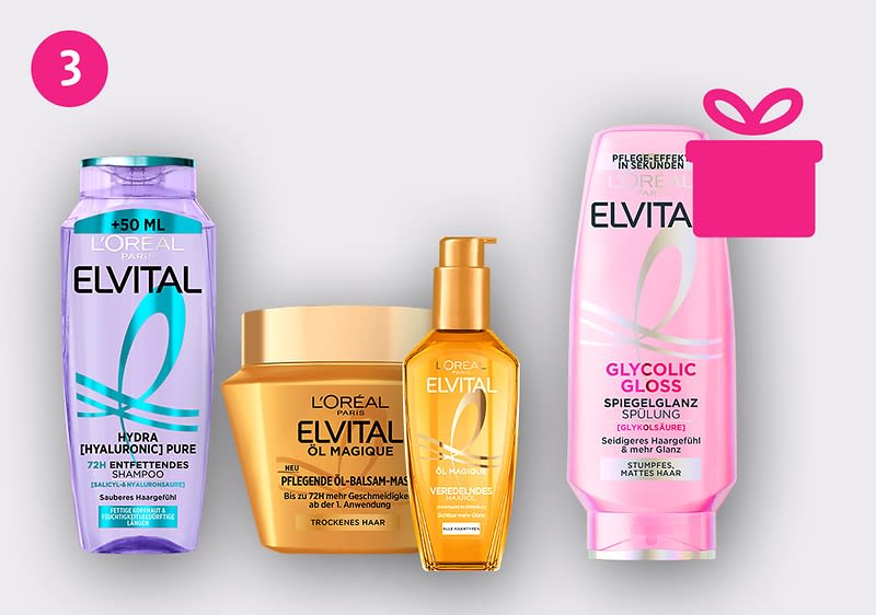 Vier Elvital Haarpflegeprodukte nebeneinander: links lilafarbene Flasche „Hydra [Hyaluronic] Pure Shampoo“ mit türkisem Deckel, daneben goldene Dose „Elvital Öl Magique Pflegende Öl-Balsam-Maske“, daneben goldene Pumpflasche „Elvital Öl Magique“, rechts pinke Tube „Elvital Glycolic Gloss Spiegelglanz Spülung“