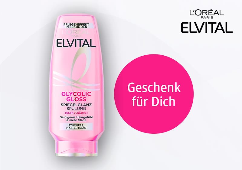 rosa Flaschenpackung Elvital Glycolic Gloss Spiegelglanz Spülung mit Text „Geschenk für Dich“ in rosa Kreis und Markenlogo L'Oréal Elvital oben rechts