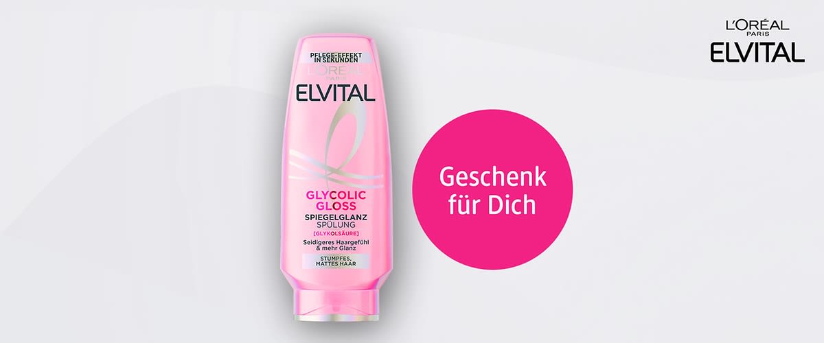 rosa Flaschenpackung Elvital Glycolic Gloss Spiegelglanz Spülung mit Text „Geschenk für Dich“ in rosa Kreis und Markenlogo L'Oréal Elvital oben rechts