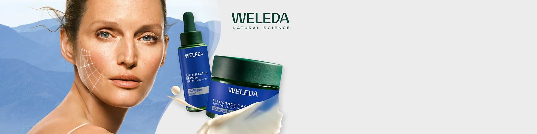 Zwei blaue Weleda-Produktverpackungen: links eine Tropfflasche mit der Aufschrift „Anti-Falten Serum“, rechts ein Tiegel mit der Aufschrift „Festigende Tagespflege“, unten Cremeprodukt sichtbar und oben rechts Weleda-Schriftzug
