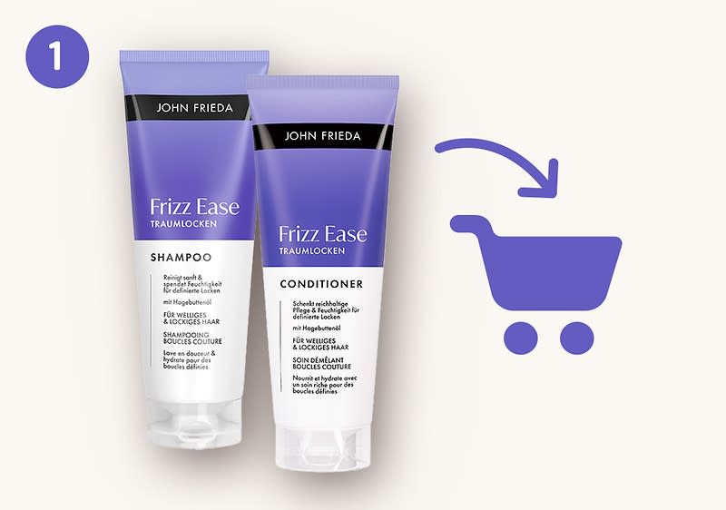 Zwei lilafarbene Tuben John Frieda Frizz Ease Traumlocken Shampoo und Conditioner nebeneinander, rechts ein lila Einkaufswagen-Symbol mit Pfeil nach unten