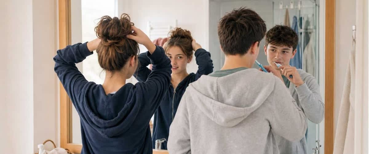 Zwei junge Personen stehen nebeneinander vor einem Badezimmerwaschbecken, die linke bindet sich im Spiegel sichtbar die Haare zusammen, die rechte putzt sich die Zähne mit einer Zahnbürste. Bild mithilfe von KI erstellt