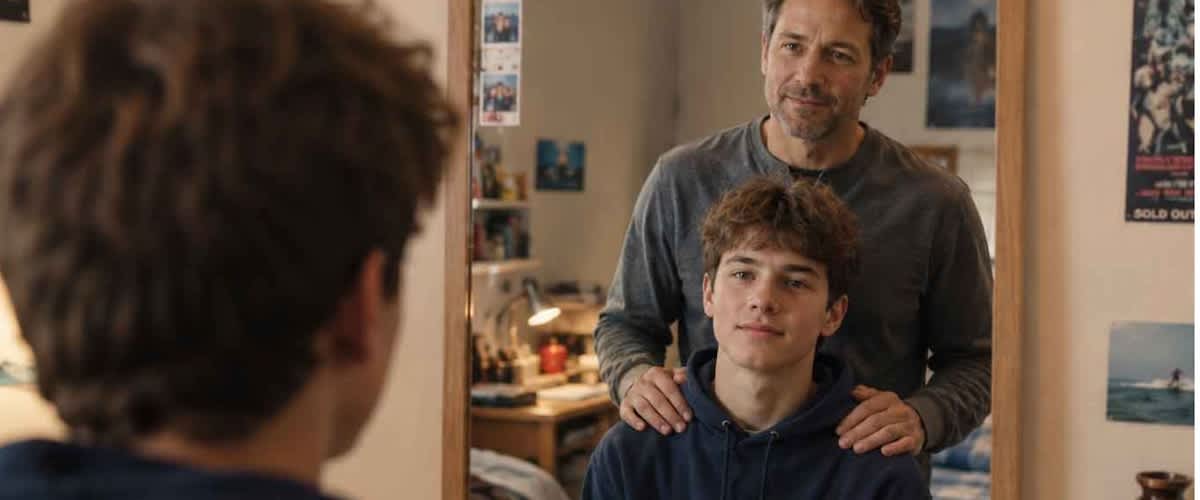 Ein Vater steht hinter seinem Sohn in einem Jugendzimmer und blickt gemeinsam mit ihm in einen Spiegel, wobei beide eine emotionale und intime Moment teilen.