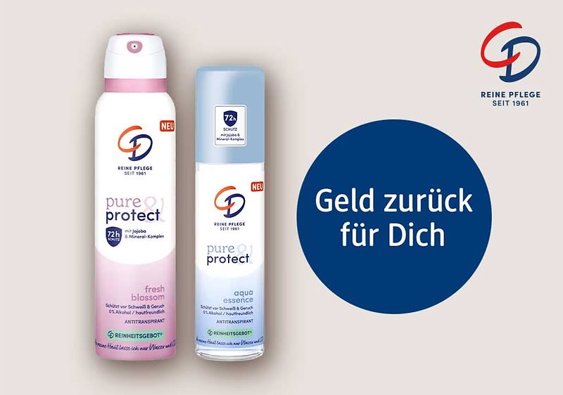 zwei weiße Deosprays der Marke CD Pure & Protect mit rosa und hellblauer Gestaltung links, rechts ein blauer Kreis mit weißem Text „Geld zurück für Dich“ und oben rechts das CD-Logo mit Schriftzug „REINE PFLEGE SEIT 1961“