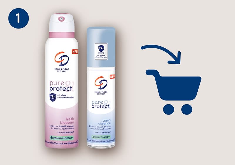 Zwei Deodorant-Produkte der Marke „pure protect“ nebeneinander: links Spraydose „fresh blossom“ in Weiß und Rosa, rechts Roll-on „aqua essence“ in Weiß und Hellblau, rechts daneben blaues Einkaufswagen-Piktogramm mit Pfeil nach unten