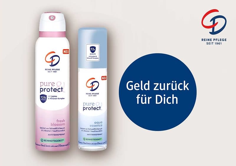 Zwei Deo-Sprays der Marke CD Reine Pflege mit Aufschrift „pure protect“, links eine höhere rosa-weiße Spraydose „fresh blossom“, rechts ein kleinerer blau-weißer Roll-on „aqua essence“, daneben blauer Kreis mit weißer Schrift „Geld zurück für Dich“ und CD-Logo oben rechts