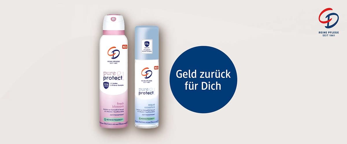 Zwei Deo-Sprays der Marke CD Reine Pflege mit Aufschrift „pure protect“, links eine höhere rosa-weiße Spraydose „fresh blossom“, rechts ein kleinerer blau-weißer Roll-on „aqua essence“, daneben blauer Kreis mit weißer Schrift „Geld zurück für Dich“ und CD-Logo oben rechts