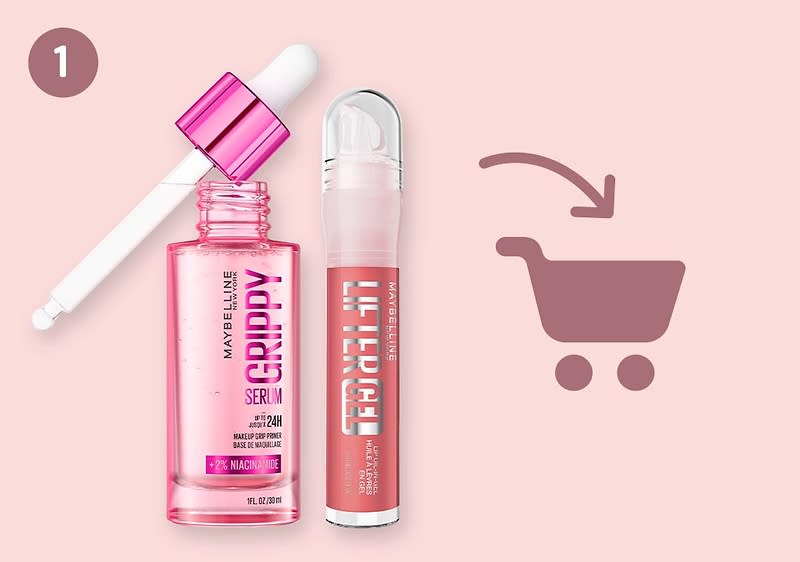 Zwei rosa Maybelline-Make-up-Produkte nebeneinander: links eine offene Serum-Flasche mit Pipette und Aufschrift „GRIPPY SERUM“, rechts ein zylindrischer Lipgloss mit Aufschrift „LIFTER GEL“, rechts daneben ein einkaufswagenähnliches Symbol mit Pfeil