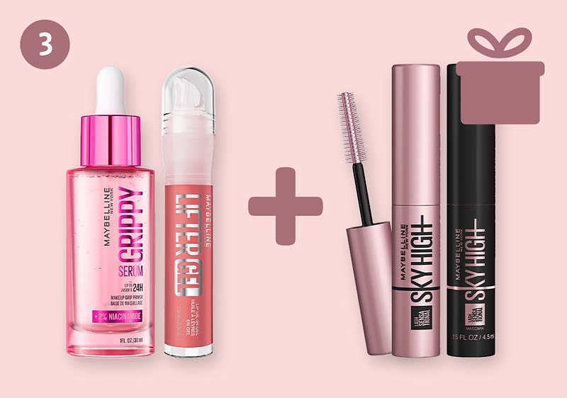 Drei Produkte nebeneinander auf rosafarbenem Hintergrund: links eine pinke Flasche „Maybelline Grippy Serum“ mit Pipette und daneben ein glänzend-rosafarbener Lipgloss „Maybelline Lifter Gloss“, rechts ein geöffnetes rosafarbenes Mascara-Röhrchen mit Bürste und ein schwarzes Mascara-Röhrchen mit der Aufschrift „Maybelline Sky High“ und dazwischen ein Pluszeichen