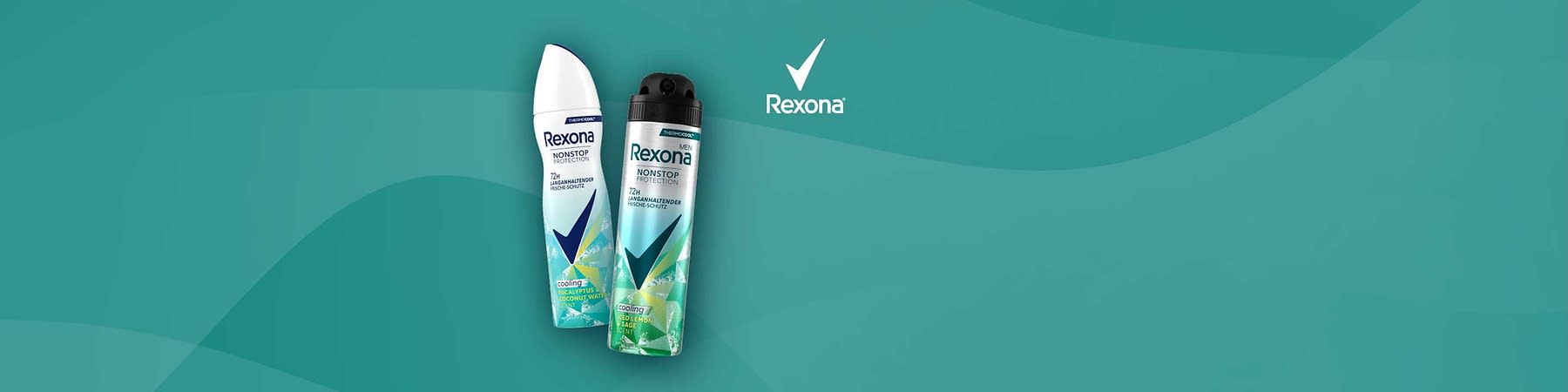 Zwei Rexona Deosprays nebeneinander auf türkisgrünem Hintergrund, links weiße Flasche mit Aufschrift „Rexona Nonstop Protection 72H“ und Hinweis „Eucalyptus & Coconut Water“, rechts schwarze Sprühkappe auf grüner Flasche mit Aufschrift „Rexona Men Nonstop Protection 72H“ und Hinweis „Iced Lemon & Sage Scent“, oben rechts Rexona-Logo