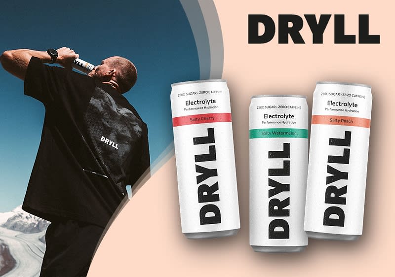 Mann von hinten trinkt aus einer Dose, daneben drei stehende weiße Dosen mit großem schwarzen Schriftzug „DRYLL“ und je kleinem Aufdruck „Electrolyte“ sowie Geschmacksangaben (z. B. Salty Cherry, Salty Watermelon) ohne Punkt am Ende