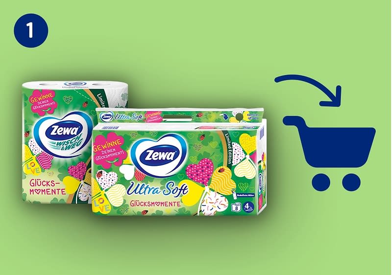 Zewa Ultra Soft Taschentuch-Packung und Toilettenpapier-Rolle in grüner Verpackung mit Aufschrift „Glücksmomente“, rechts ein blaues Einkaufswagen-Symbol mit Pfeil