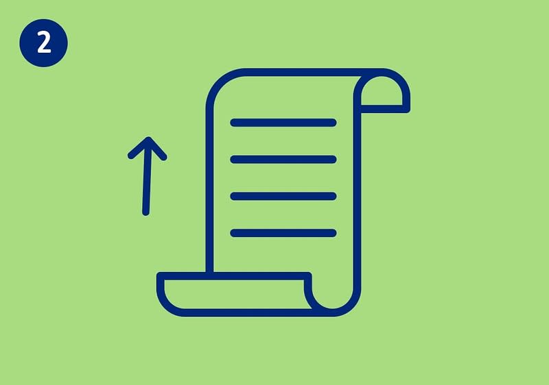 Blaue Icon-Zeichnung einer aufgerollten Liste mit fünf Linien und einem nach oben zeigenden Pfeil links auf hellgrünem Hintergrund, oben links ein dunkelblauer Kreis mit der Zahl 2