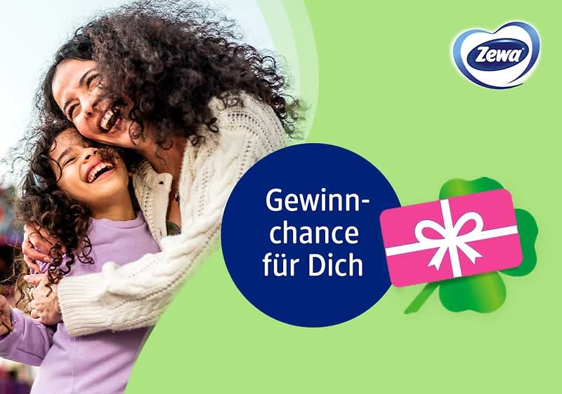 Grüner Werbehintergrund mit blauem Kreis und weißer Aufschrift „Gewinnchance für Dich“ sowie Zewa-Logo oben rechts