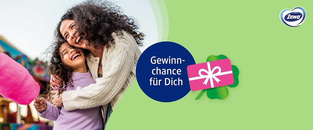 Grüner Werbehintergrund mit blauem Kreis und weißer Aufschrift „Gewinnchance für Dich“ sowie Zewa-Logo oben rechts