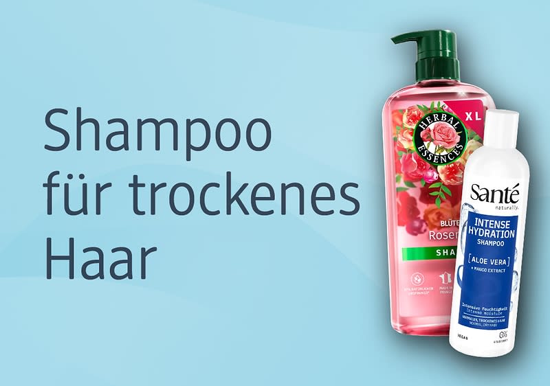Hellblauer Werbehintergrund mit Text „Shampoo für trockenes Haar“ links und zwei Shampoo-Flaschen rechts: eine große transparente rote Flasche „Herbal Essences“ mit grünem Pumpverschluss und Blumenmotiv, davor eine weiße Flasche „Santé Intense Hydration Shampoo Aloe Vera“