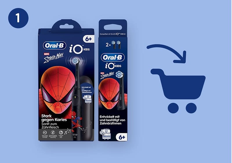 Zwei dunkelblaue Verpackungen einer Oral‑B iO Kids Elektrische Zahnbürste mit Spider‑Man‑Motiv, links große Packung mit Bürste und rotem Spider‑Man‑Gesicht, rechts Ersatzbürstenpackung mit derselben Gestaltung und Altersempfehlung „6+“