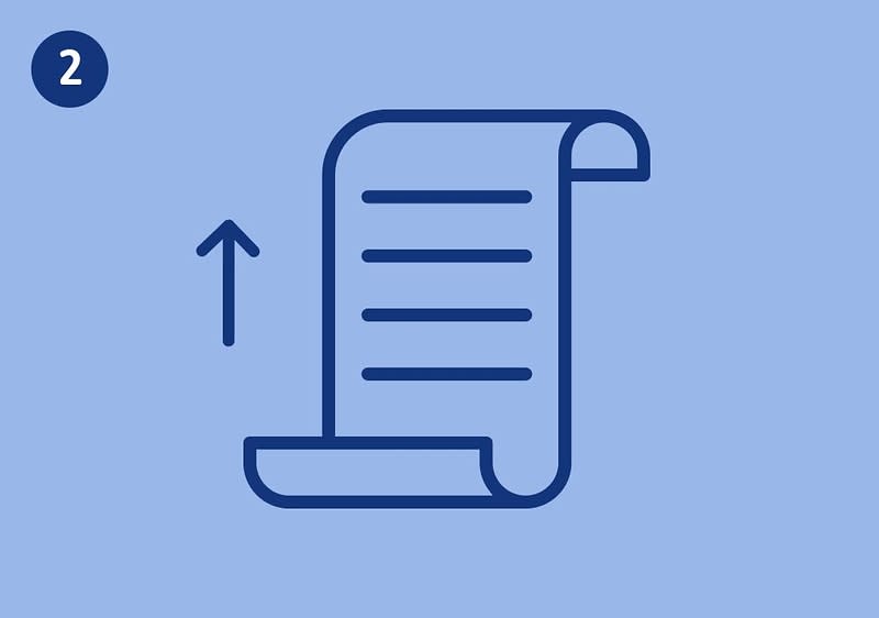 Blaues Icon eines aufgerollten Papiers mit Linien und einem nach oben zeigenden Pfeil, links oben ein blauer Kreis mit der Zahl 2