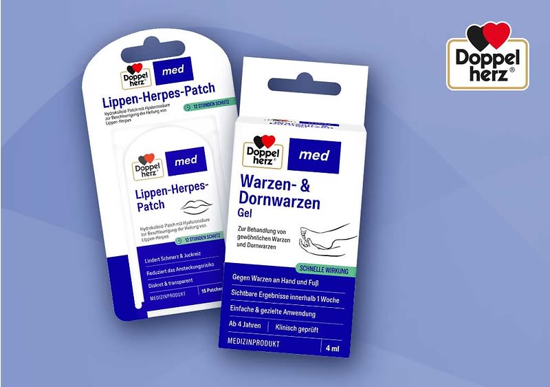 Zwei Arzneimittelverpackungen der Marke Doppelherz: links ein weiß-blaues Blisterpack mit der Aufschrift „Lippen-Herpes-Patch“, rechts eine weiße Schachtel mit blauem Feld und der Aufschrift „Warzen- & Dornwarzen Gel“ sowie dem Doppelherz-Logo oben links