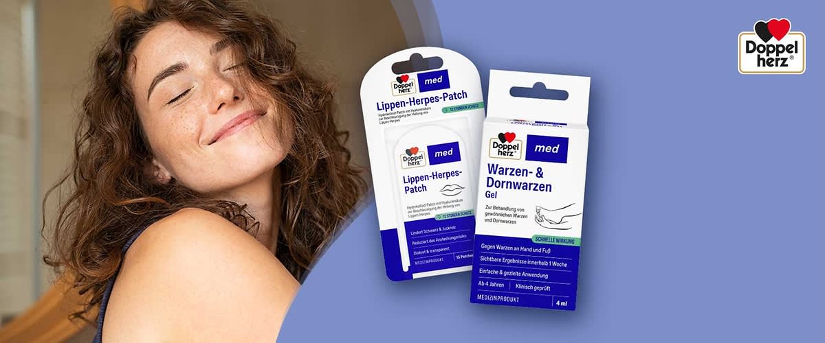Zwei Arzneimittelverpackungen der Marke Doppelherz: links ein weiß-blaues Blisterpack mit der Aufschrift „Lippen-Herpes-Patch“, rechts eine weiße Schachtel mit blauem Feld und der Aufschrift „Warzen- & Dornwarzen Gel“ sowie dem Doppelherz-Logo oben links