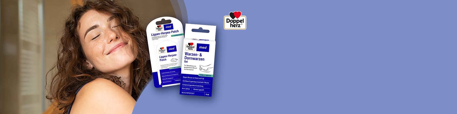 Zwei Produktverpackungen von Doppelherz med vor hellgrünem Hintergrund: links eine weiße und blaue Packung mit der Aufschrift „Lippen-Herpes-Patch“, rechts eine weiße und blaue Packung mit der Aufschrift „Warzen- & Dornwarzen Gel“ sowie Zusatztexte zu Anwendung und Volumen 4 ml