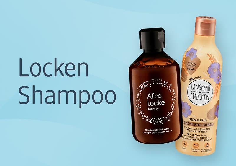 Zwei Flaschen Locken-Shampoo nebeneinander; links braune Flasche mit schwarzem Verschluss und Aufschrift „Afro locke Shampoo“, rechts beige-orange Flasche mit Blumenmuster und Aufschrift „Langhaar Mädchen Shampoo Beautiful Curls“ und Text „Locken Shampoo“ im Hintergrund