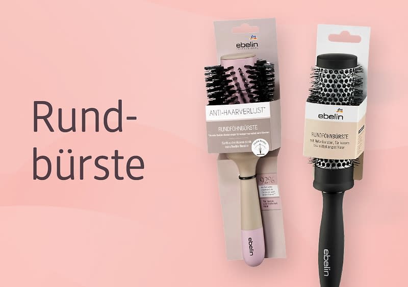 rosa Hintergrund mit der schwarzen Überschrift „Rundbürste“, daneben zwei ebelin Rundbürsten in Verpackung, links hellrosa Griff mit Aufdruck „Anti-Haarverlust“, rechts schwarzer Griff mit silberner Metall-Luftkammer-Bürste