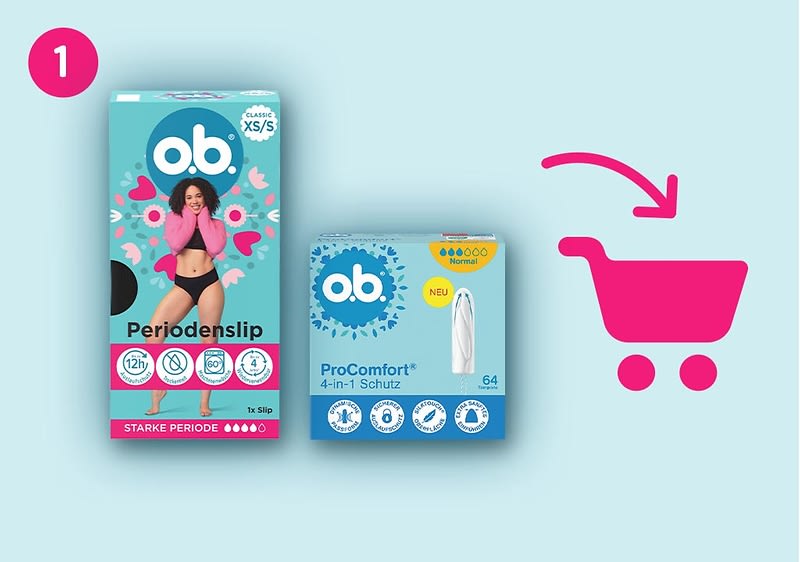 Zwei o.b. Periodenprodukte vor blauem Hintergrund: links eine hohe Packung o.b. Periodenslip „starke Periode“ mit Frau auf Vorderseite, rechts eine blaue Packung o.b. ProComfort Tampons mit Aufschrift „4-in-1 Schutz“ und Stückzahl 64, rechts daneben ein pinker Einkaufswagen-Piktogramm