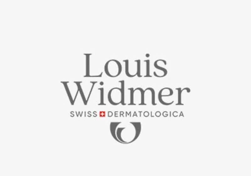 Logo der Marke Louis Widmer mit Zusatztext Swiss Dermatologica und stilisiertem Emblem