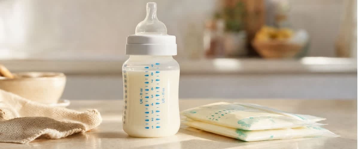Babynahrungsflasche mit Sauger, gefüllt mit Milch, daneben drei abgefüllte, flach verschweißte Muttermilchbeutel auf einer Küchenarbeitsfläche