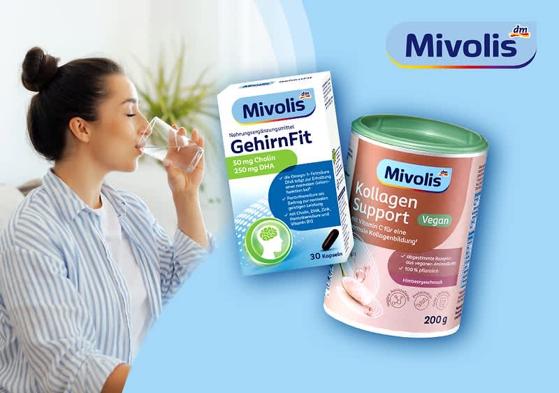 Zwei Mivolis-Produktverpackungen nebeneinander: links eine Schachtel „GehirnFit“ mit Nährstoffangaben „50 mg Cholin, 250 mg DHA“ und 30 Kapseln, rechts eine Dose „Kollagen Support Vegan“ 200 g mit grünem Deckel und Hinweis „Himbeergeschmack“
