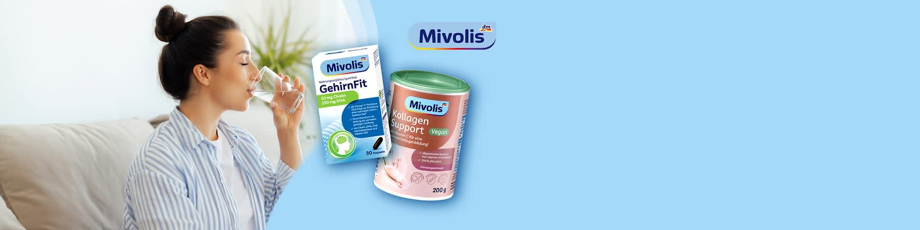 Zwei Mivolis-Produktverpackungen nebeneinander: links eine Schachtel „GehirnFit“ mit Nährstoffangaben „50 mg Cholin, 250 mg DHA“ und 30 Kapseln, rechts eine Dose „Kollagen Support Vegan“ 200 g mit grünem Deckel und Hinweis „Himbeergeschmack“
