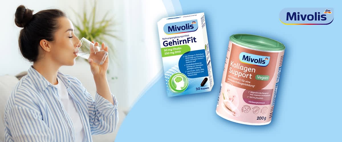 Zwei Mivolis-Produktverpackungen nebeneinander: links eine Schachtel „GehirnFit“ mit Nährstoffangaben „50 mg Cholin, 250 mg DHA“ und 30 Kapseln, rechts eine Dose „Kollagen Support Vegan“ 200 g mit grünem Deckel und Hinweis „Himbeergeschmack“