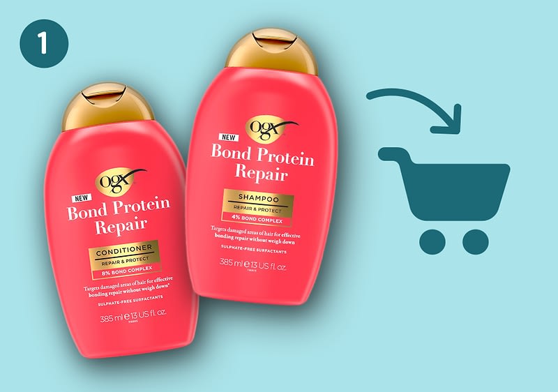 Ein OGX Shampoo und eine OGX Spülung zeigen auf Einkaufswagen-Symbol.