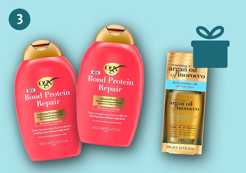 Ein OGX Shampoo und eine OGX Spülung sowie ein OGX Haaröl mit Geschenksymbol.