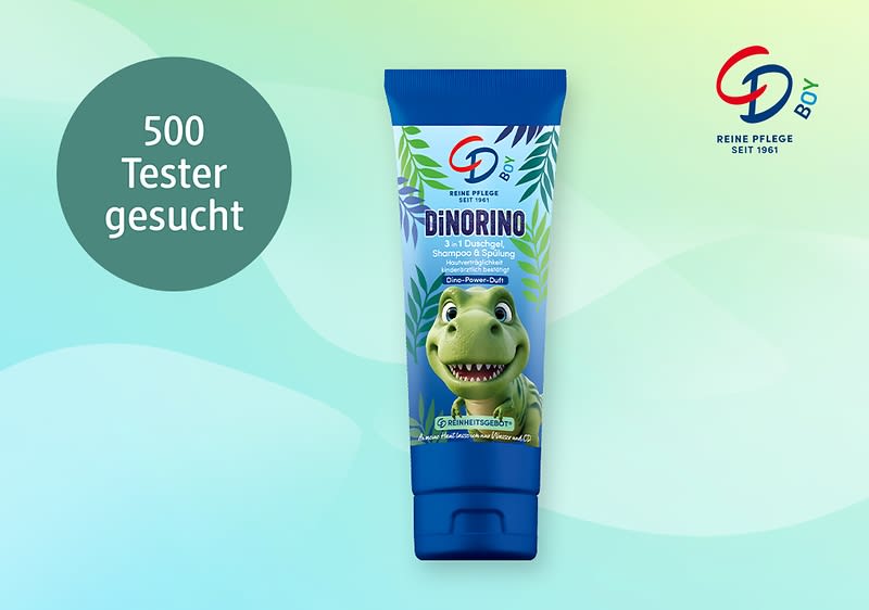 Kinder-Duschgel in blau-grüner Tube der Marke CD mit Dinosaurier-Motiv und Aufschrift „DINORINO“, daneben Kreis mit Text „500 Tester gesucht“ und Markenlogo oben rechts