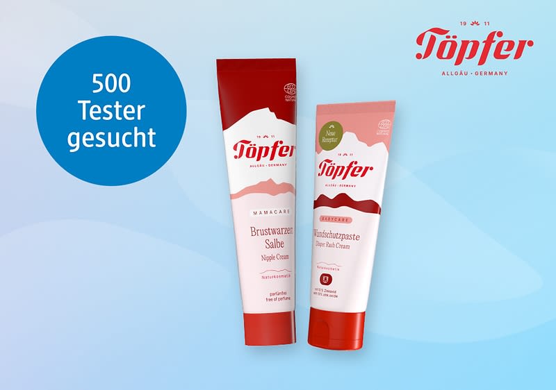 Zwei Tuben Töpfer Pflegemittel vor rosa Verlaufshintergrund, links große rote Kreisfläche mit weißer Schrift „500 Tester gesucht“, rechts oben Logo „Töpfer“, linke Tube: „Brustwarzen Salbe“, rechte Tube: „Wundschutzpaste / Nappy Rash Cream“