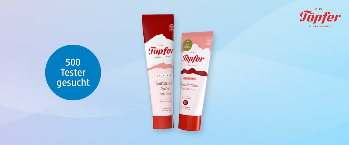 Zwei Tuben Töpfer Pflegemittel vor rosa Verlaufshintergrund, links große rote Kreisfläche mit weißer Schrift „500 Tester gesucht“, rechts oben Logo „Töpfer“, linke Tube: „Brustwarzen Salbe“, rechte Tube: „Wundschutzpaste / Nappy Rash Cream“