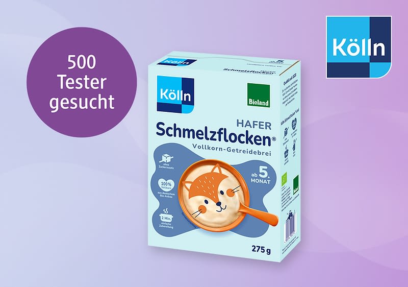 Kölln Schmelzflocken Vollkorn-Getreidebrei Packung mit Fuchs-Illustration, Aufdruck „ab 5. Monat“, Gewicht 275 g und lila Kreis mit Text „500 Tester gesucht“