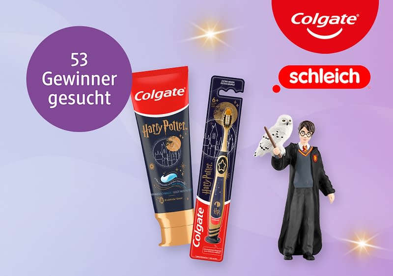 Auf hellviolettem Hintergrund Colgate-Logo oben rechts, links ein lilaner Kreis mit Text „53 Gewinner gesucht“, mittig eine schwarze Colgate-Harry-Potter-Zahnpastatube und daneben eine passende Kinderzahnbürste in Verpackung, rechts eine Schleich-Figur von Harry Potter mit Brille, Umhang und weißer Eule
