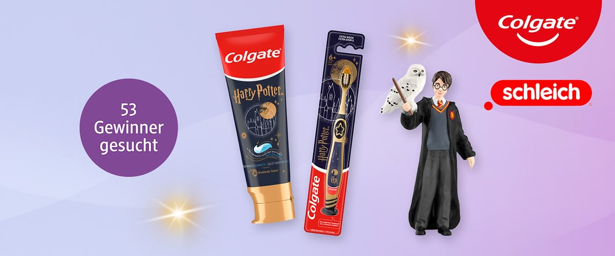 Auf hellviolettem Hintergrund Colgate-Logo oben rechts, links ein lilaner Kreis mit Text „53 Gewinner gesucht“, mittig eine schwarze Colgate-Harry-Potter-Zahnpastatube und daneben eine passende Kinderzahnbürste in Verpackung, rechts eine Schleich-Figur von Harry Potter mit Brille, Umhang und weißer Eule