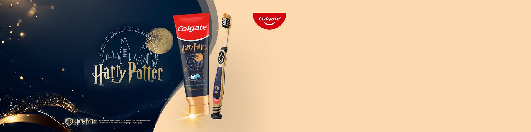 Colgate Zahncreme in Tubenverpackung mit Aufdruck „Harry Potter“ und goldenen Motiven neben einer goldblauen elektrischen Zahnbürste mit Hogwarts-Emblem, rechts oben rotes Colgate-Logo