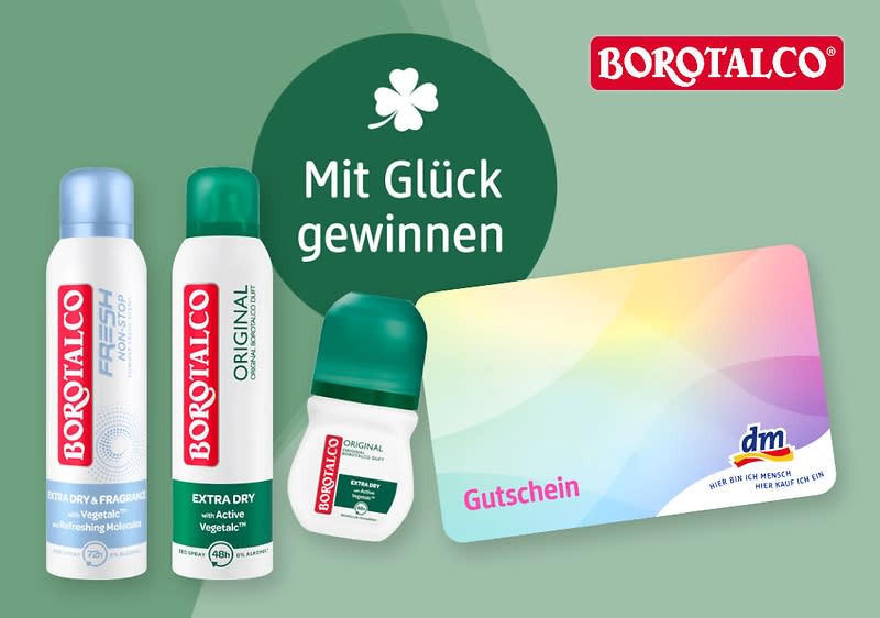 Mehrere Borotalco-Produkte (zwei Spraydosen und ein Roll-on) links, großer grüner Kreis mit weißem Kleeblatt und Text „Mit Glück gewinnen“ in der Mitte, rechts eine bunte dm-Geschenkkarte mit dem Wort „Gutschein“ und oben rechts rotes Borotalco-Logo