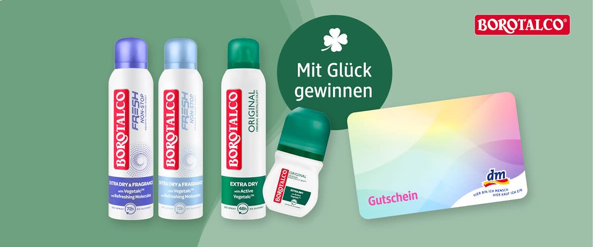 Mehrere Borotalco-Produkte (zwei Spraydosen und ein Roll-on) links, großer grüner Kreis mit weißem Kleeblatt und Text „Mit Glück gewinnen“ in der Mitte, rechts eine bunte dm-Geschenkkarte mit dem Wort „Gutschein“ und oben rechts rotes Borotalco-Logo