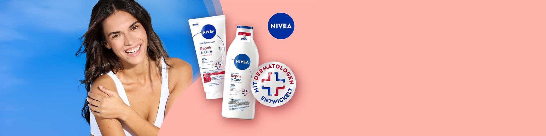 Drei NIVEA-Produkte vor rosa Hintergrund: links Tube „Repair & Care Body Serum-Lotion“, Mitte Flasche „Repair & Care Body Lotion mit Urea“, rechts rundes Siegel mit Kreuz und Text „Mit Dermatologen entwickelt“, NIVEA-Logo oben rechts