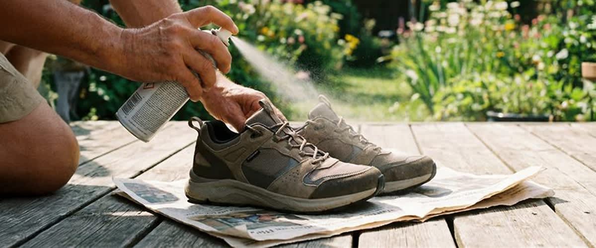 Braune Outdoor-Sneaker auf Zeitung, Hände sprühen Imprägnierspray auf die Schuhe