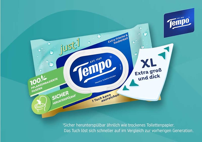 Tempo Feuchte Toilettentücher in rechteckiger Verpackung mit blauem Tempo-Logo, Aufschrift just!, XL Extra groß und dick, Extra Frische & Sauberkeit und Hinweis 1 Tuch kann ausreichen