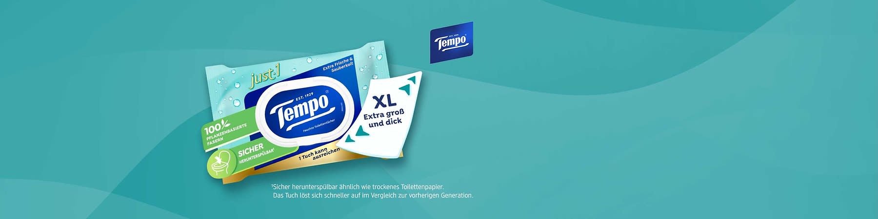 Packung Tempo Feuchte Toilettücher XL in türkis-blauem Verpackungsdesign mit Aufschrift „XL Extra groß und dick“, Marke Tempo und Hinweis „1 Tuch kann ausreichen“